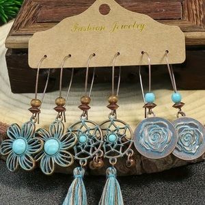 Set 3 Dangle Earrings Boho Hallowed Out Pendant Design Zinc Alloy #earrings